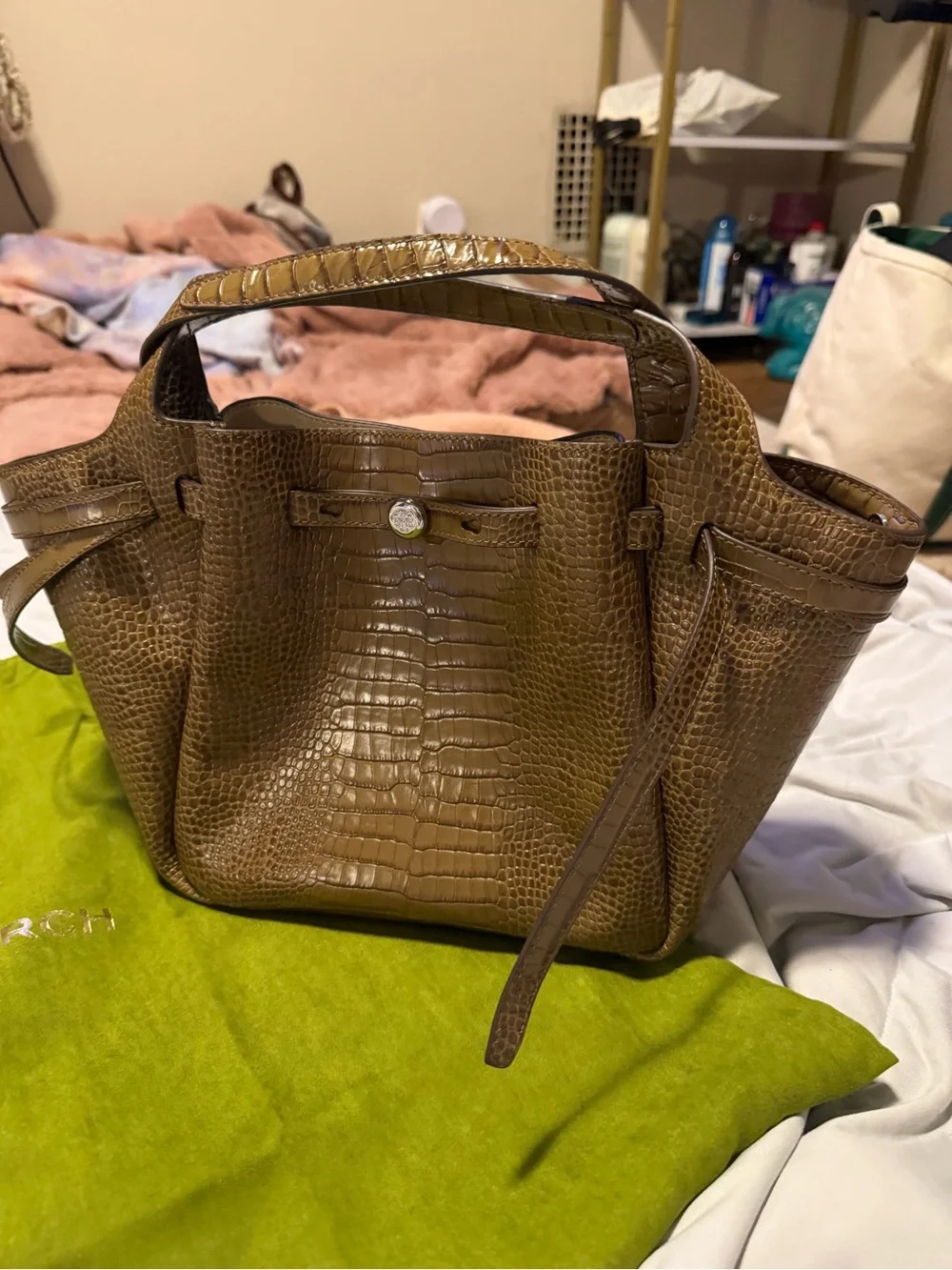 Tory Burch Olive Croc-Embossed Romy Tote with shoulder strap. “Never worn”